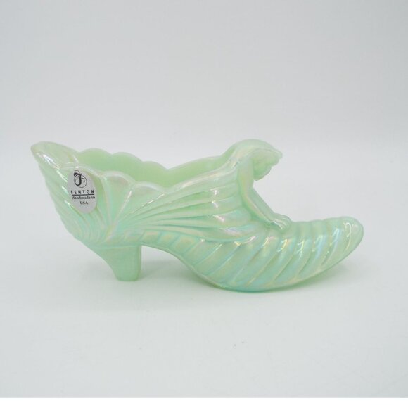 Vintage Fenton Iridescent Jadeite Glass Shoe Cat Head Handmade in USA - Picture 1 of 12